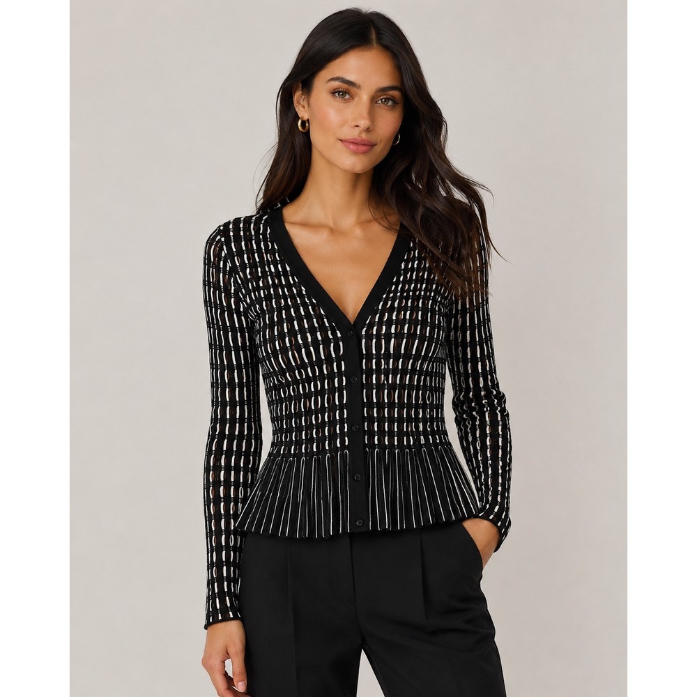 WHBM Outlet Black White Geometric Textured Knit Peplum Cardigan Sweater S